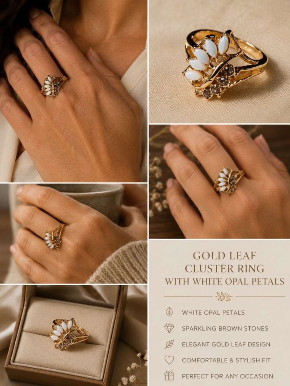 Gold Leaf Cluster Ring with White Opal Petals
